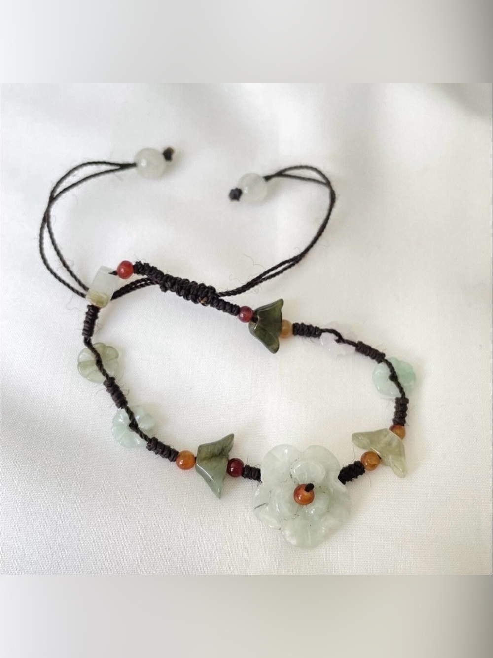 Handcrafted Natural Green Jade Flower Adjustable Bracelet